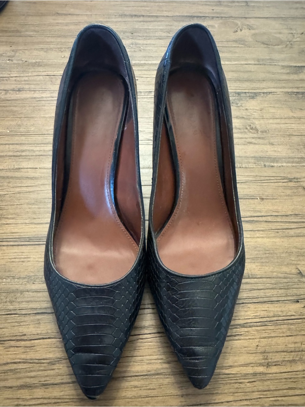 Cole Haan Black Pointed Toe Snakeskin-Texture Pumps